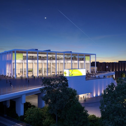 Die Visualisierung des künftigen Confex an der Koelnmesse in Abendstimmung.