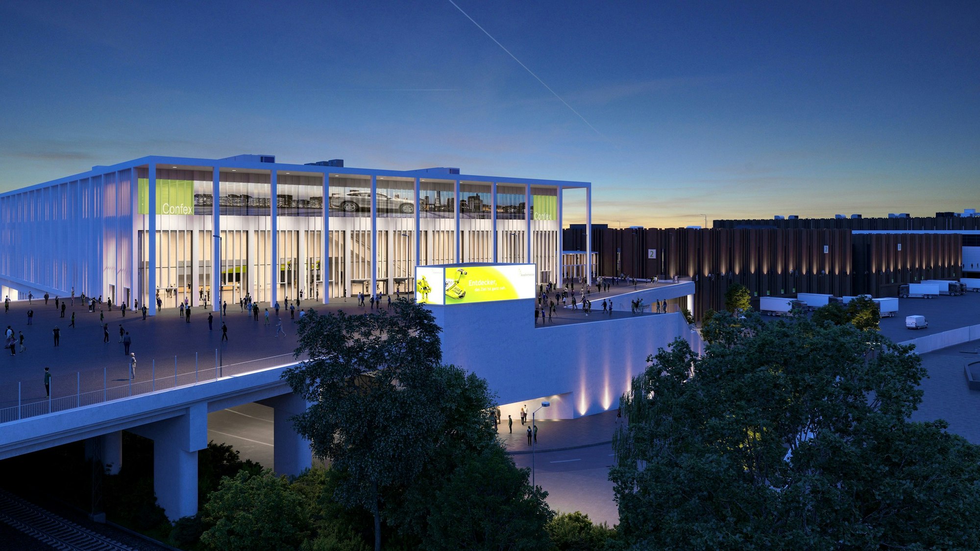 Die Visualisierung des künftigen Confex an der Koelnmesse in Abendstimmung.
