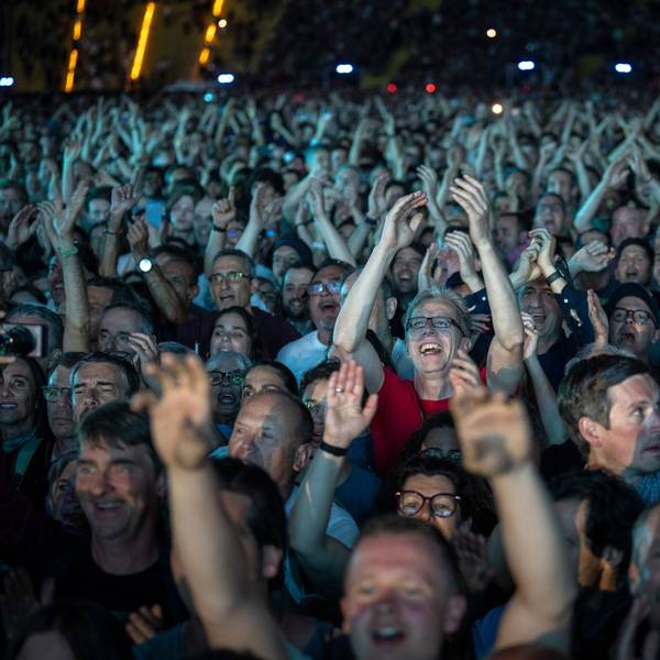 Das Bild zeigt eine Menge feiernder Fans bei einem Musikkonzert.