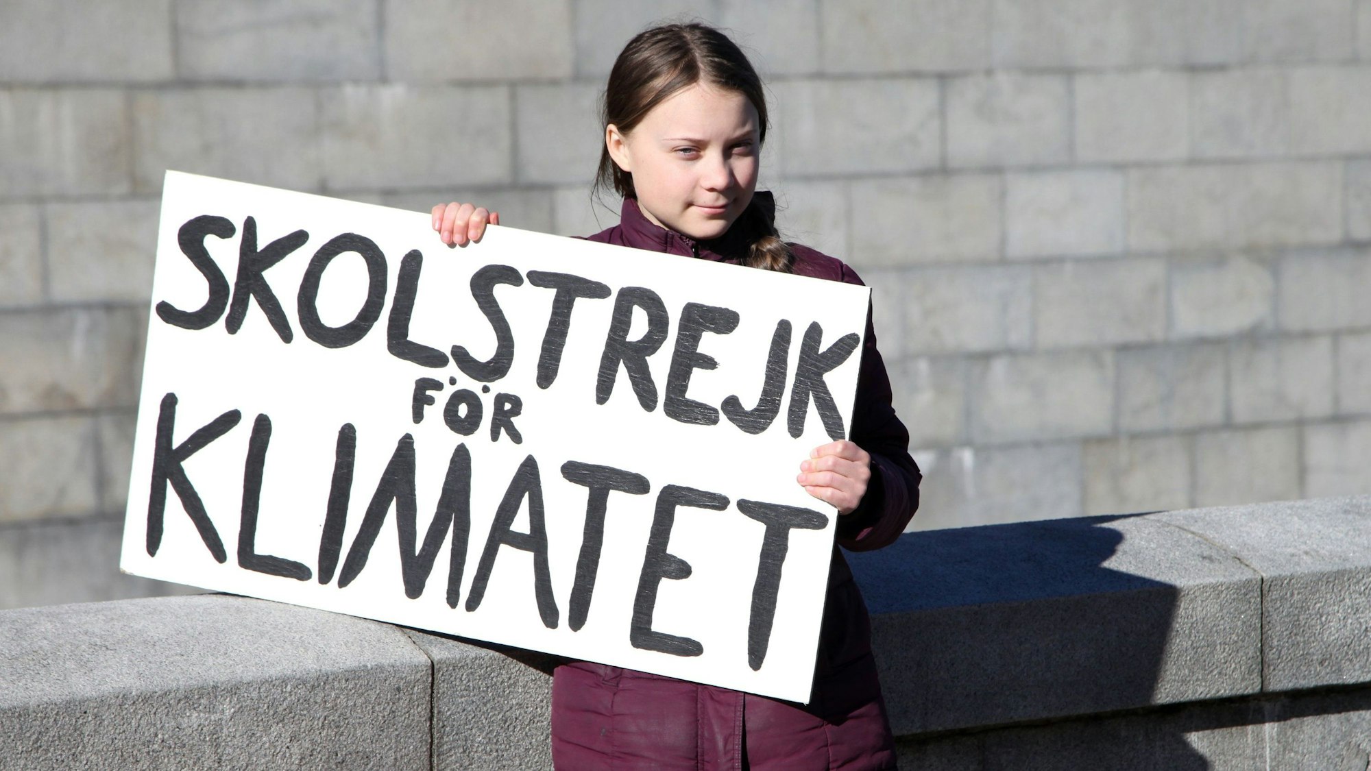 Die schwedische Klimaaktivistin Greta Thunberg hält während ihres Schulstreiks vor dem Reichstag ihr Schild mit der Aufschrift ´Skolstrejk för klimatet» (Schulstreik fürs Klima) in die Höhe.