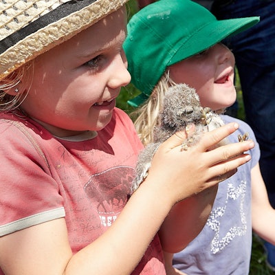 Zwei Kinder halten ein Küken in der Hand.