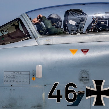 A pilot of a German ECR Tornado aircraft gestures from the cockpit during takeoff at the Air Defender Exercise 2023 in the military airport of Jagel, northern Germany, on June 9, 2023.