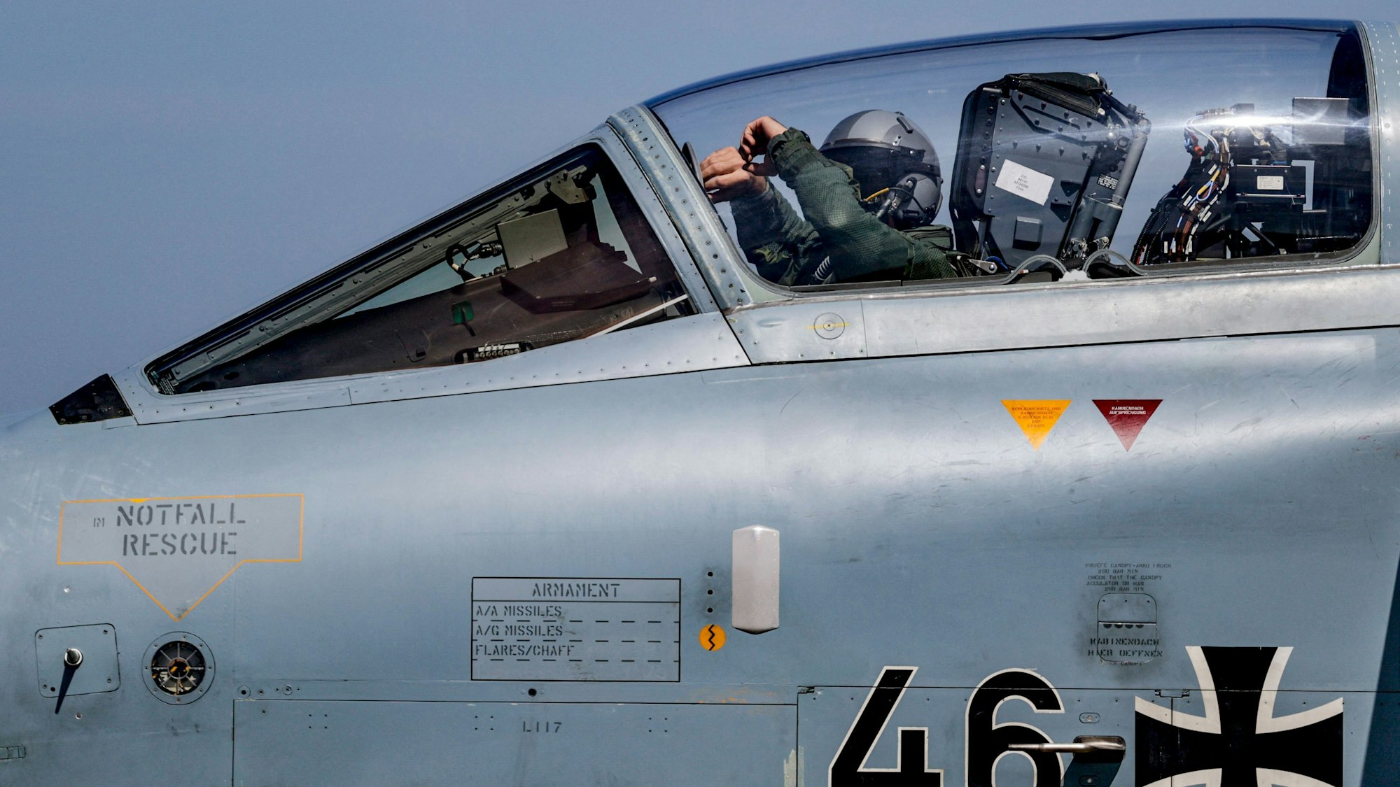 A pilot of a German ECR Tornado aircraft gestures from the cockpit during takeoff at the Air Defender Exercise 2023 in the military airport of Jagel, northern Germany, on June 9, 2023.