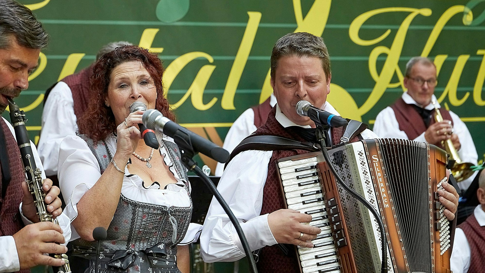 Das Bild zeigt eine Sängerin, die von mehreren Musikern mit verschiedenen Instrumenten begleitet wird.