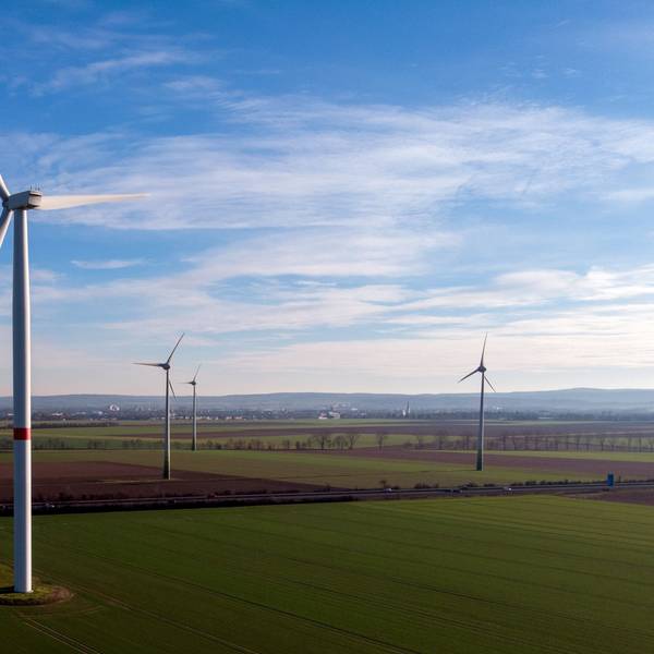 Eine Reihe von Windrädern stehen auf einem Feld.