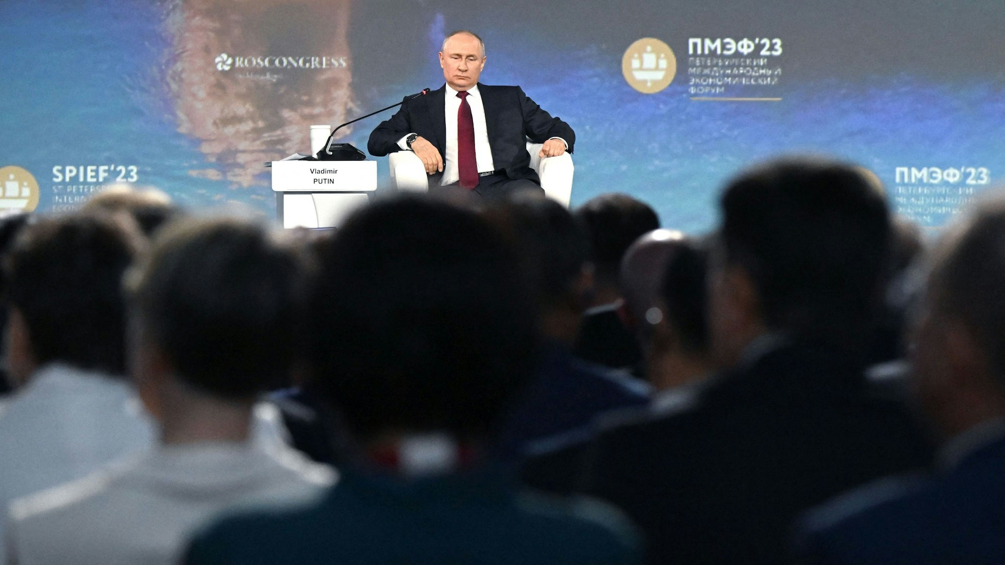 Ein Foto der russischen staatlichen Nachrichtenagentur RIA Novosti zeigt Wladimir Putin beim Wirtschaftsforum in St. Petersburg. Der russische Präsident sprach bei der Veranstaltung vor zahlreichen Unterstützern im Publikum.