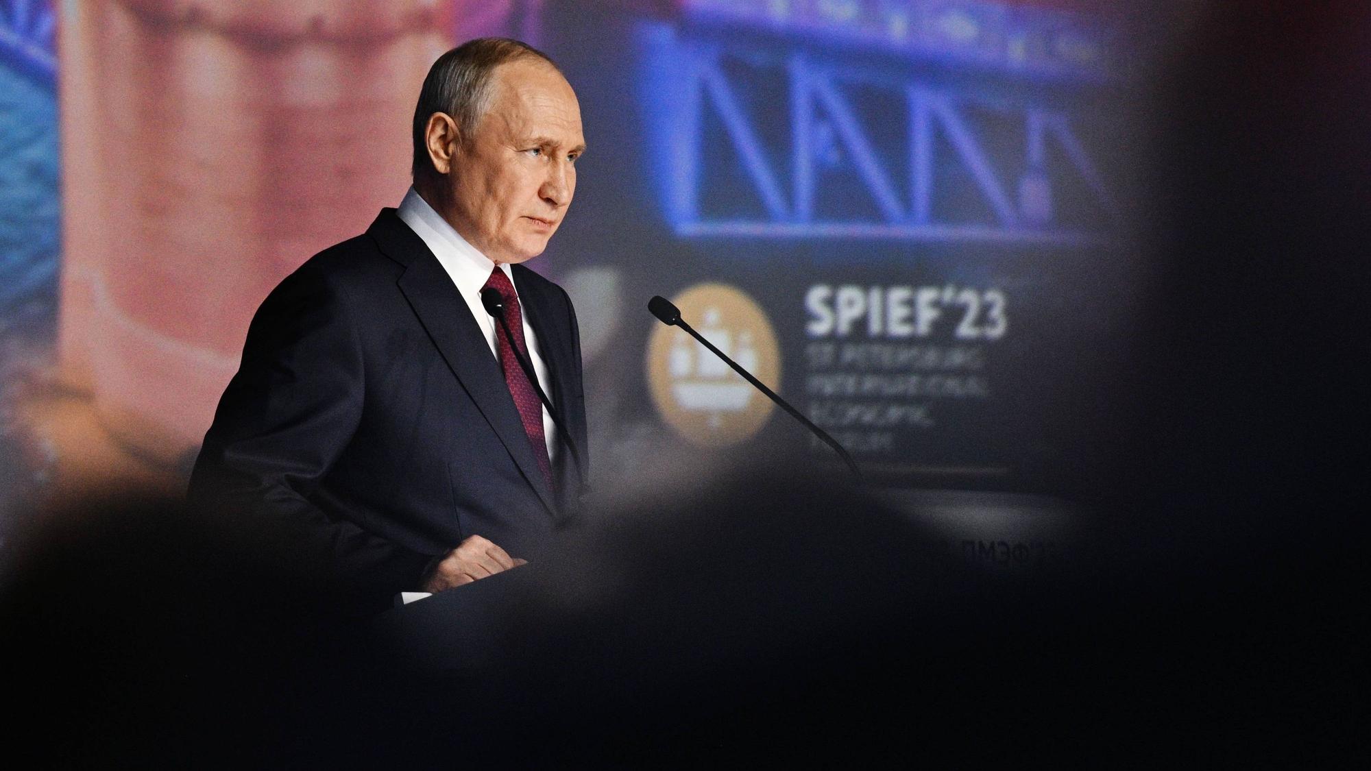 Ein Foto der russischen staatlichen Nachrichtenagentur RIA Novosti zeigt Wladimir Putin bei seiner Rede beim Wirtschaftsforum in St. Petersburg.