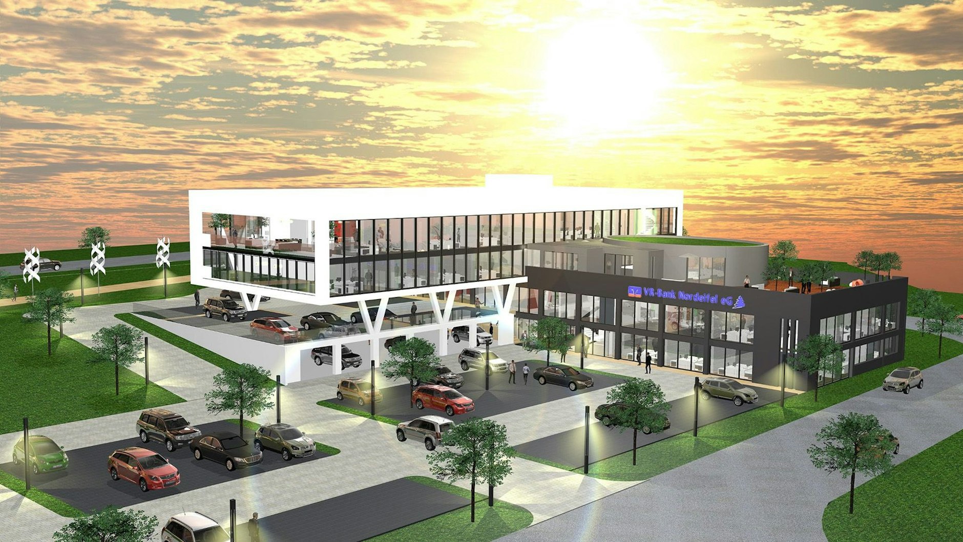 Visualisierung eines Büro-Neubaus der VR-Bank Nordeifel.