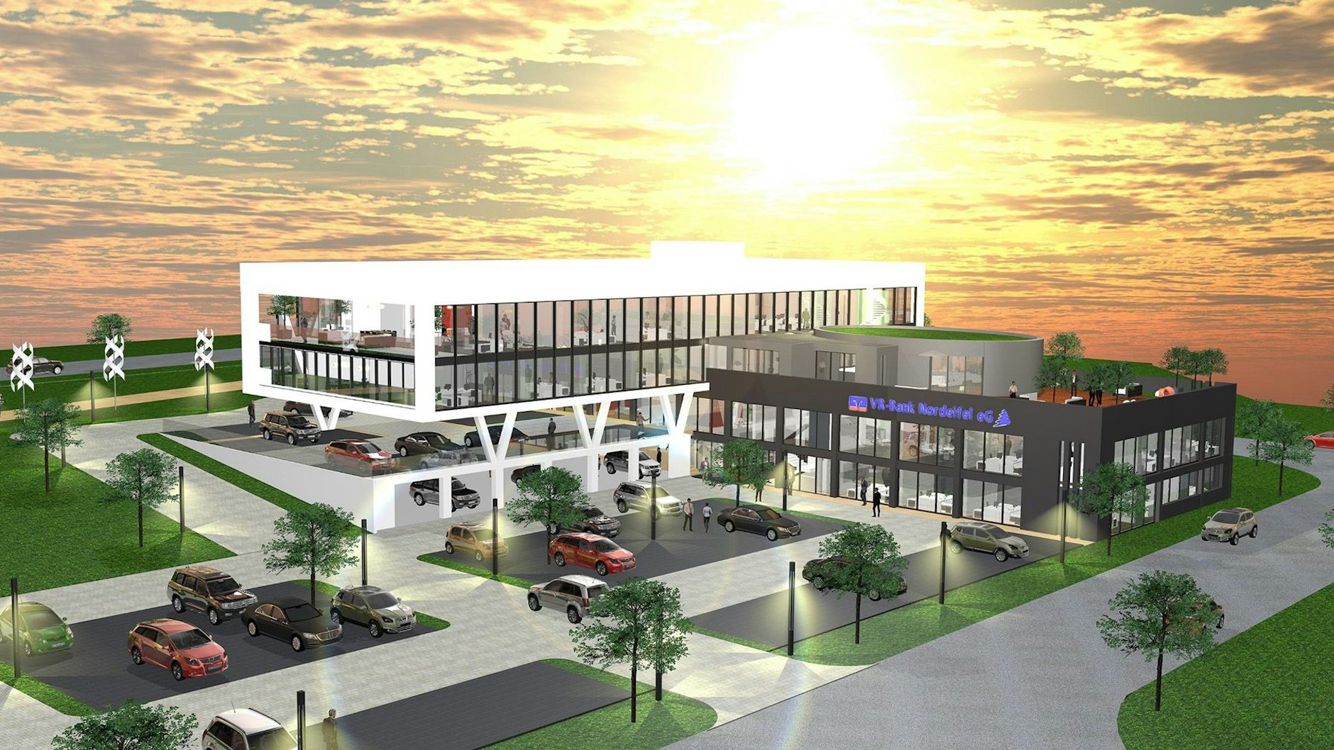 Blick auf eine Visualisierung des neuen Bankgebäudes mit einem viergeschossigen Verwaltungsgebäude und einem niedrigeren Gebäuderiegel in Querrichtung.
