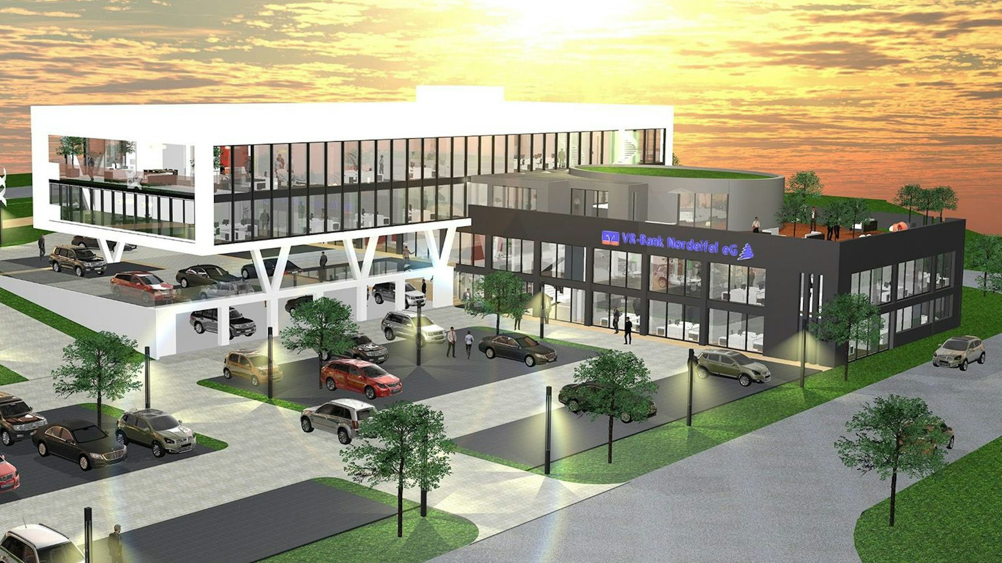 Das Bild zeigt die Visualisierung des geplanten Neubaus der Hauptstelle der VR-Bank Nordeifel.