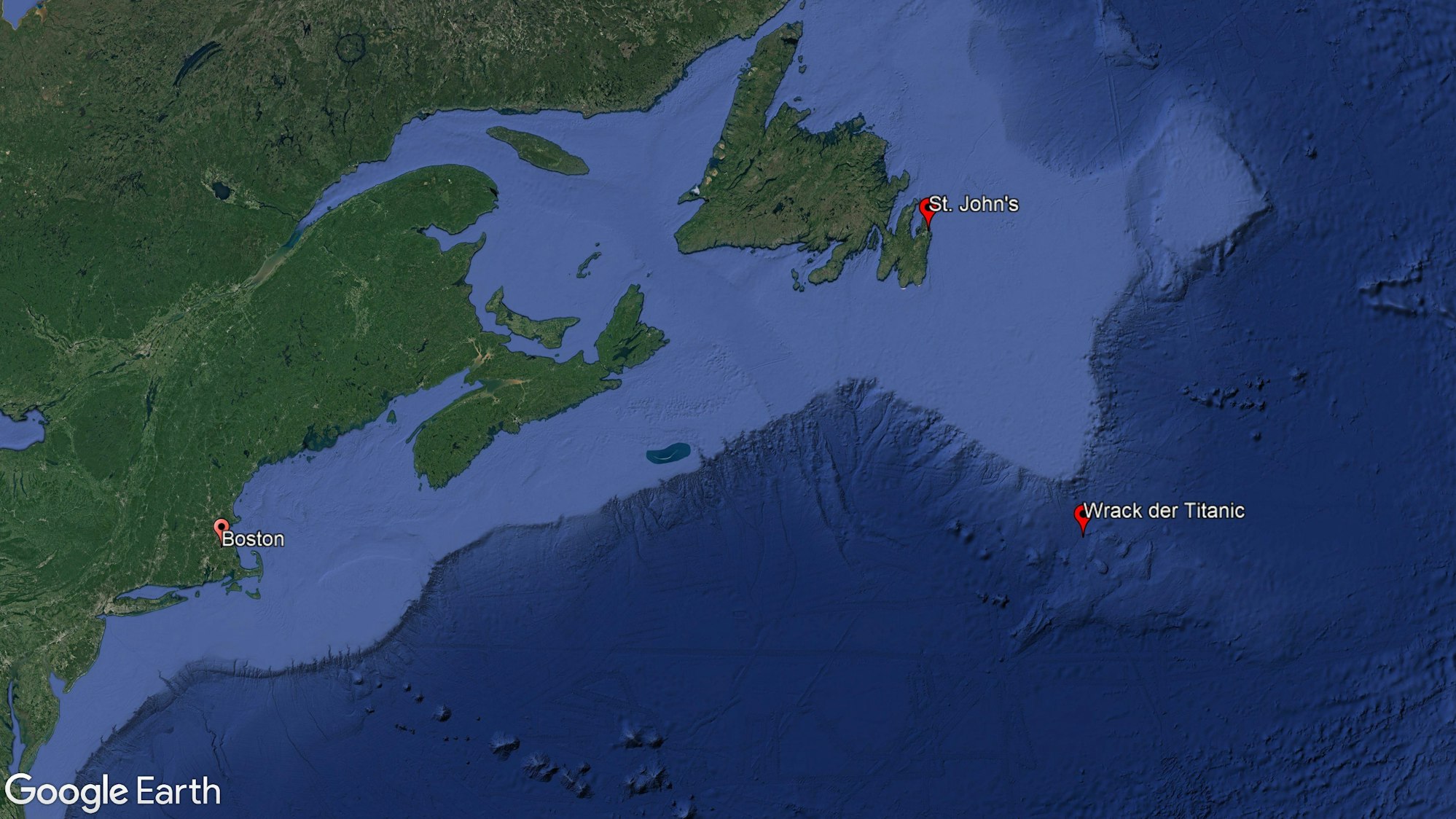 Das von Google zur Verfügung gestellte und mit Google Earth Pro erstellte digitale Höhenmodell der Erde zeigt das Wrack der „Titanic“ im Atlantik. In der Nähe suchen Rettungskräfte nach fünf Vermissten in einem verschollenen U-Boot.