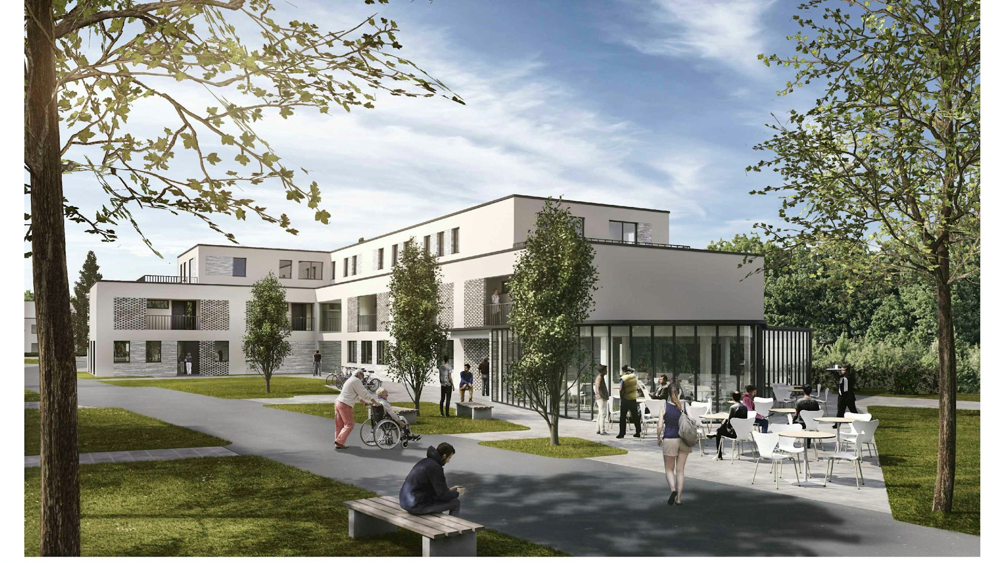 Visualisierung des Wohngebäudes. Blick auf einen begrünten Platz mit Außengastronomie.