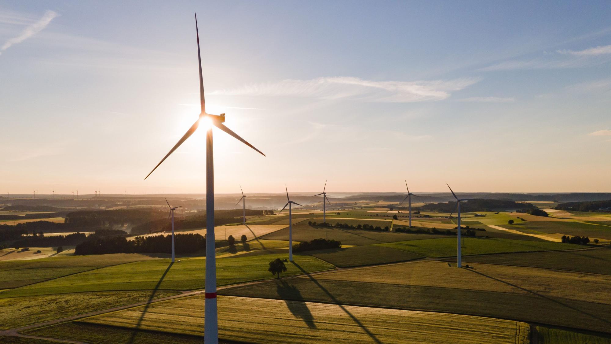 Windräder stehen während des Sonnenaufgangs auf einem Feld.