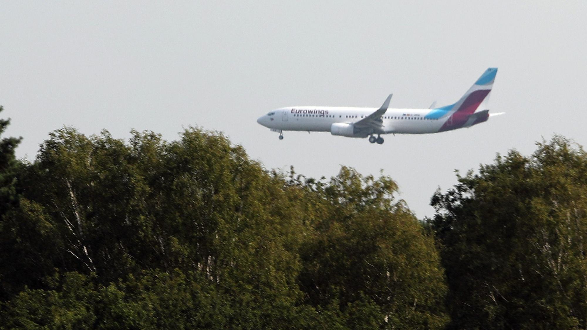 Ein Flugzeug fliegt über Bäume.