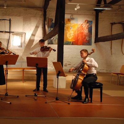 Die jungen Musiker mit ihren Streichinstrumenten beim Konzert.
