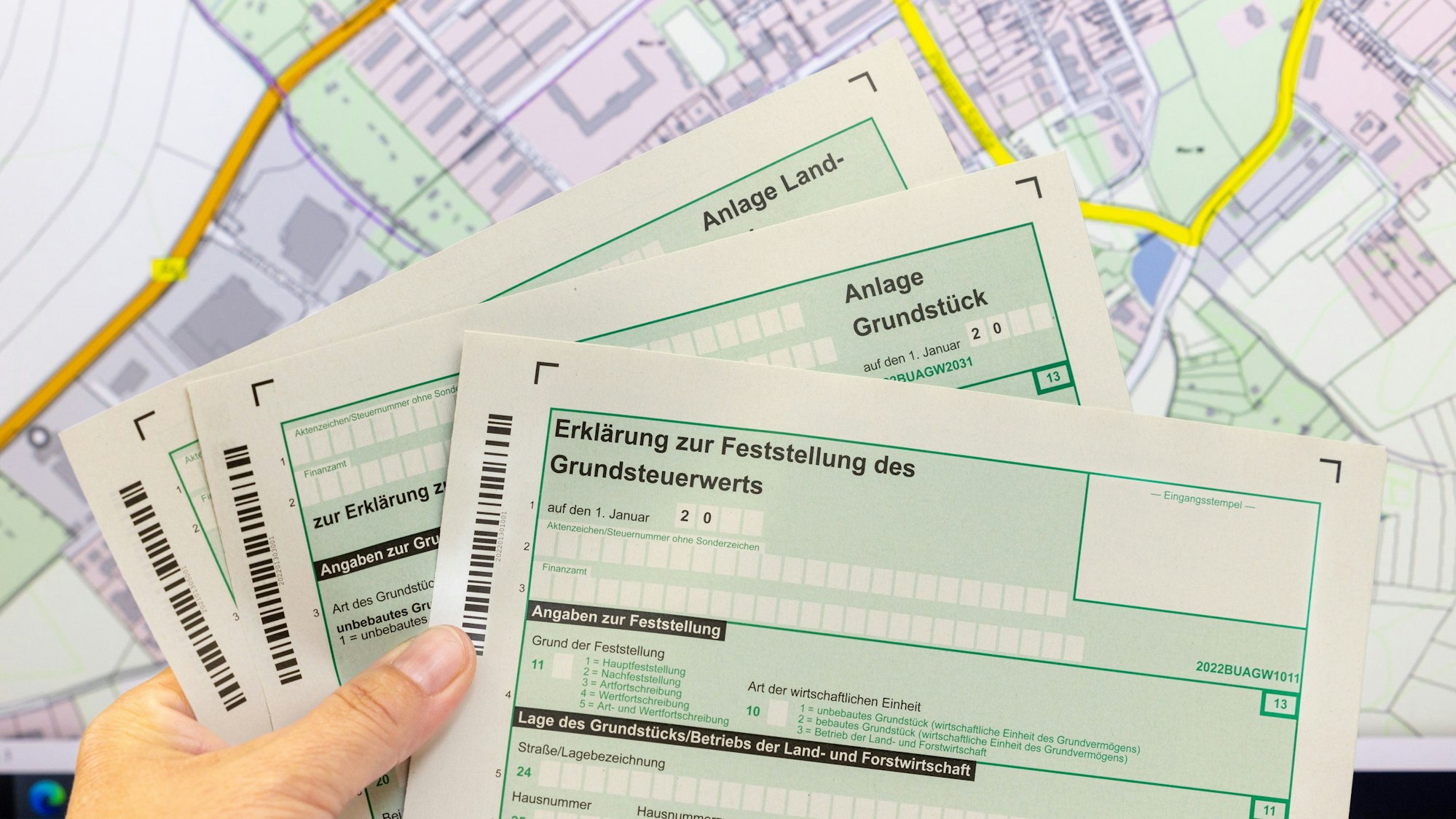 Eine Mitarbeiterin hält im Finanzamt Formulare zur Grundsteuererklärung in der Hand.