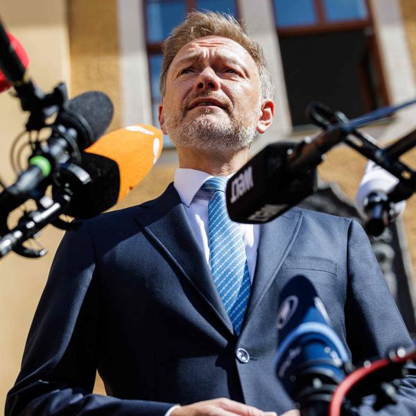 German Finance Minister Christian Lindner gives a press statement prior to a meeting of the "Weimar Triangle" format, an alliance between Poland, France and Germany, with his counterparts from Poland and France, in Ettersburg near Weimar, eastern Germany, on June 27, 2023. (Photo by JENS SCHLUETER / AFP)