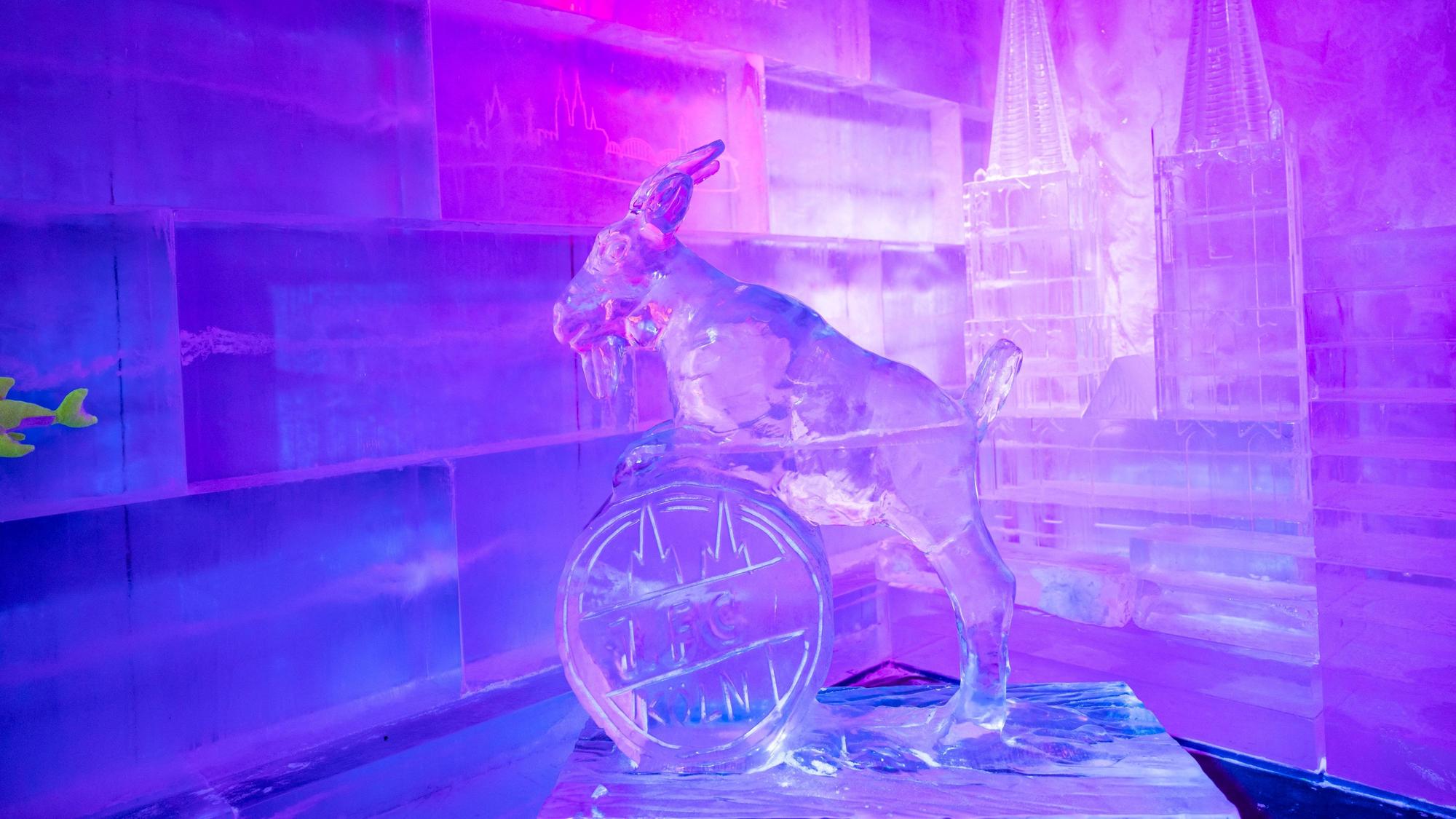 Hennes, das Maskottchen des 1. FC Köln, und der Kölner Dom aus Eis sind die Hingucker in der Ice Bar in Köln.