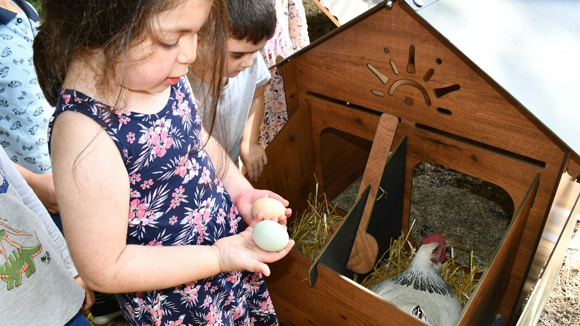 Ein Kind mit je einem Ei in beiden Händen steht vor einem Stall mit einem Huhn, das auf Stroh liegt.