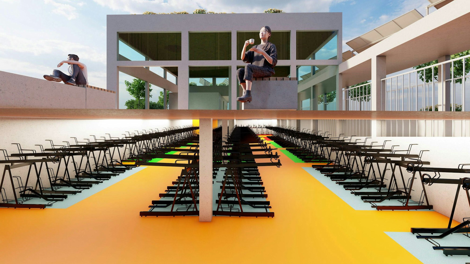 Eine Visualisierung der geplanten Hennefer Radstation mit Fahrradstellbügeln unter dem Place-Le-Pecq und Sitzbänken auf dem Platz.