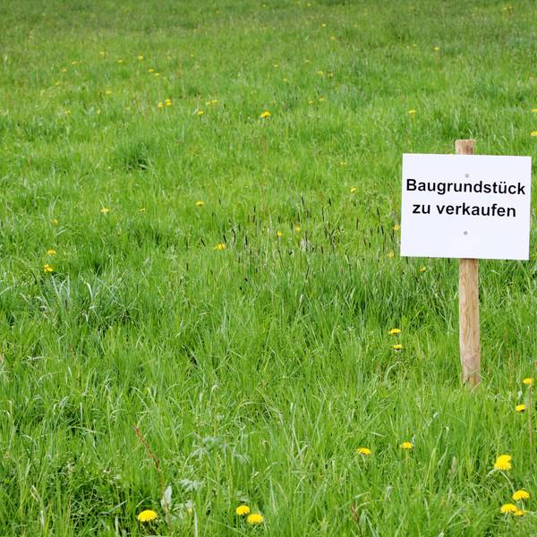 Ein Schild mit der Aufschrift „Baugrundstück zu verkaufen“ steht auf einer grünen Wiese.
