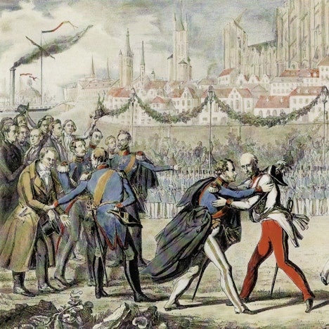 Eine historische Lithografie zeigt das Treffen von König Friedrich Wilhelm IV. und Reichsverweser Erzherzog Johann am 14. August 1848 beim Domfest in Köln.