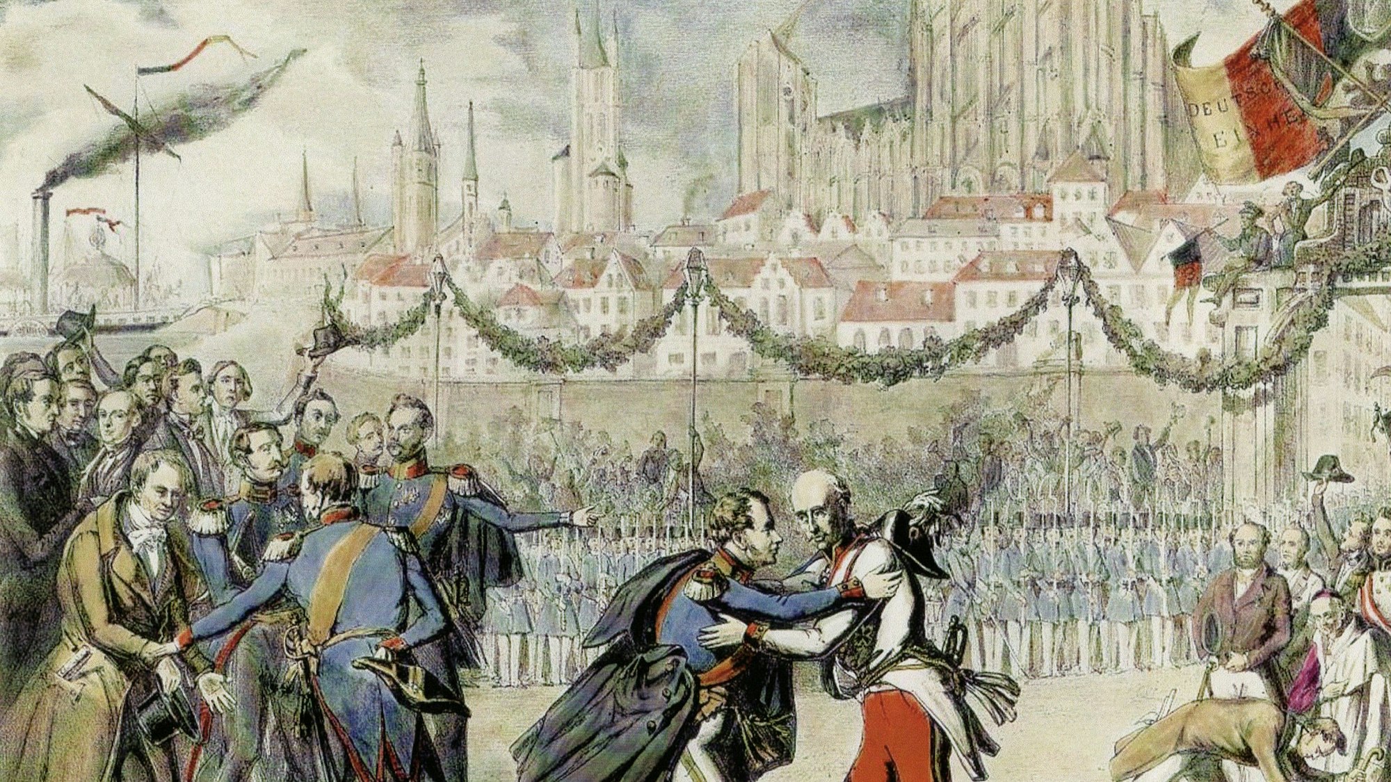 Eine historische Lithografie zeigt das Treffen von König Friedrich Wilhelm IV. und Reichsverweser Erzherzog Johann am 14. August 1848 beim Domfest in Köln.