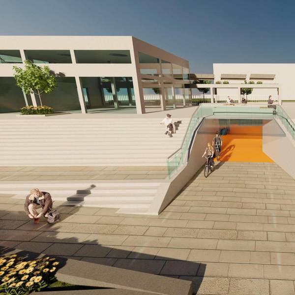 Die Visualisierung eines Architektenbüros zeigt, wie die Radstation mit Eingang zur Garage in der Treppenanlage des Place-Le-Pecq aussehen wird.