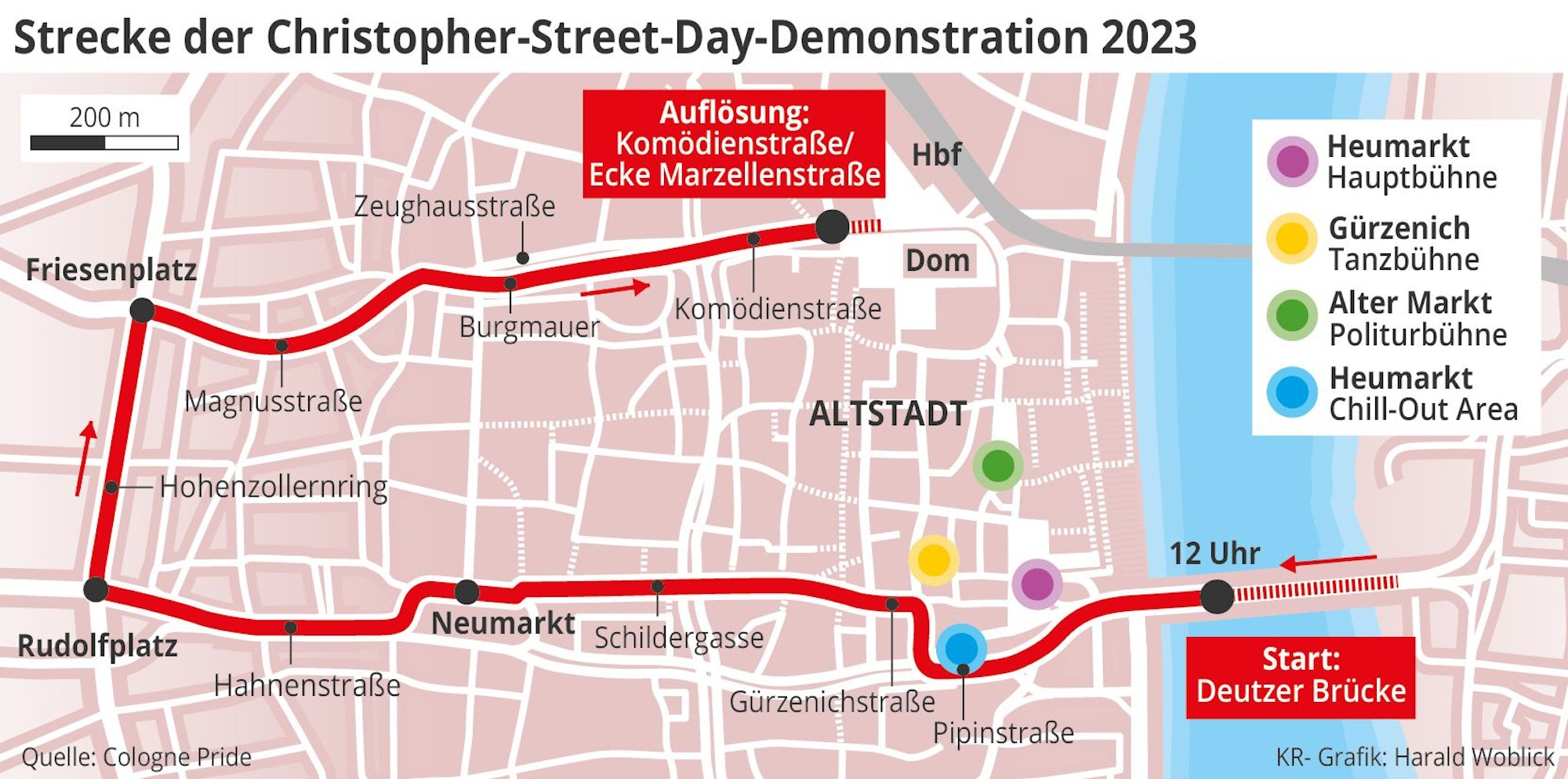 Die Strecke der diesjährigen CSD-Demo am 9.7.2023 in Köln als Grafik