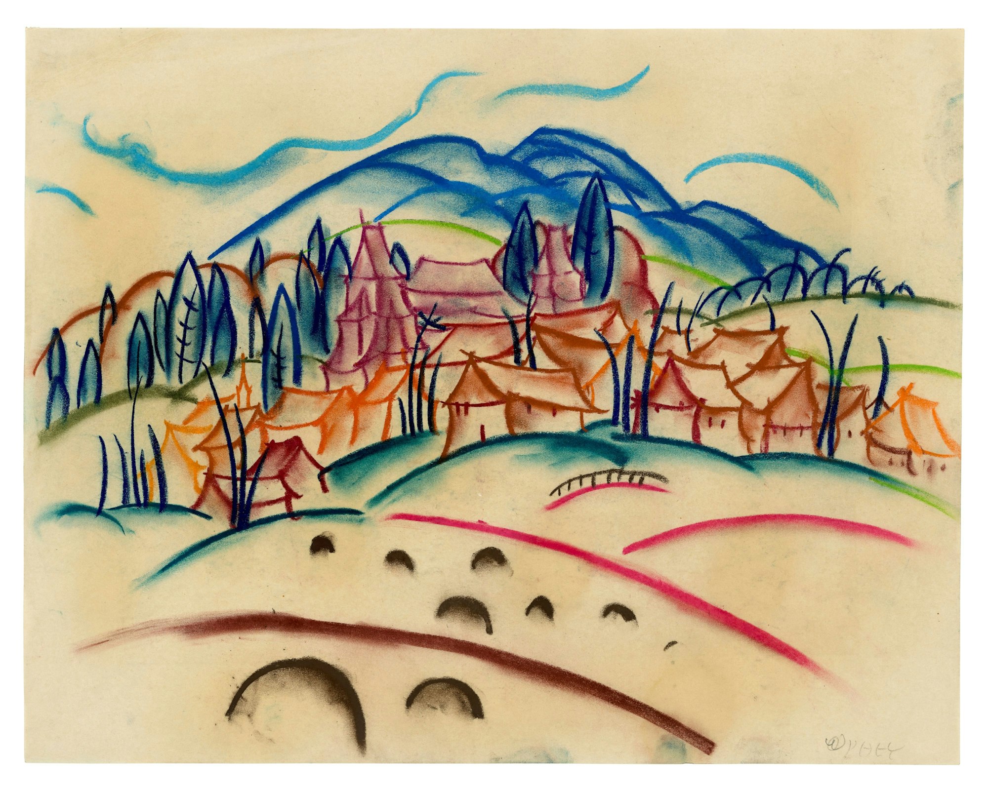 Eine Landschaft von Walter Ophey, undatiert, ist in der Ausstellung "Kunst im Rheinland" zu sehen.