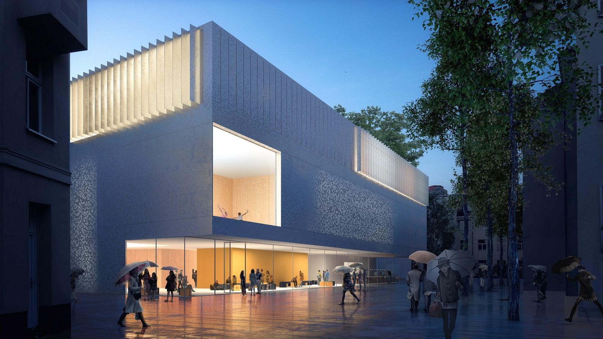 Die Visualisierung zeigt ein modernes Gebäude mit perforierter Außenhülle und Panoramafenster zum Ballettsaal.
