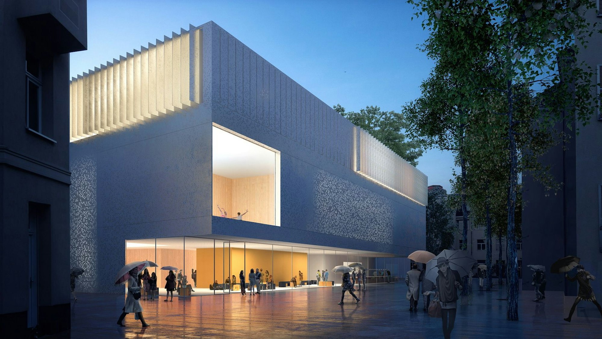 Die Visualisierung zeigt ein modernes Gebäude mit perforierter Außenhülle und Panoramafenster zum Ballettsaal.