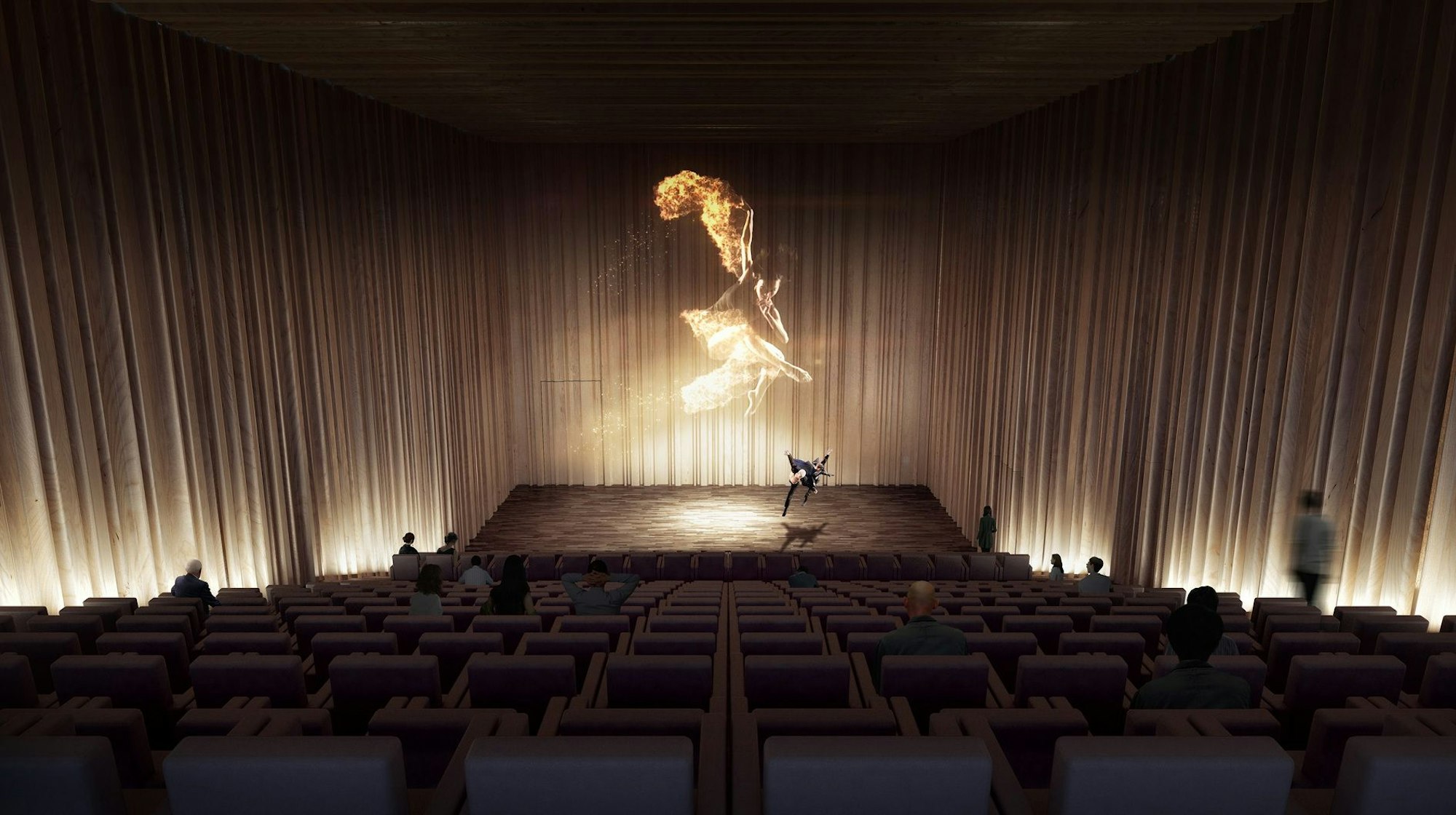 Durch eine gefaltete Holzverkleidung wirken die Wände des künftigen Konzert- und Tanzsaals wie Vorhänge.