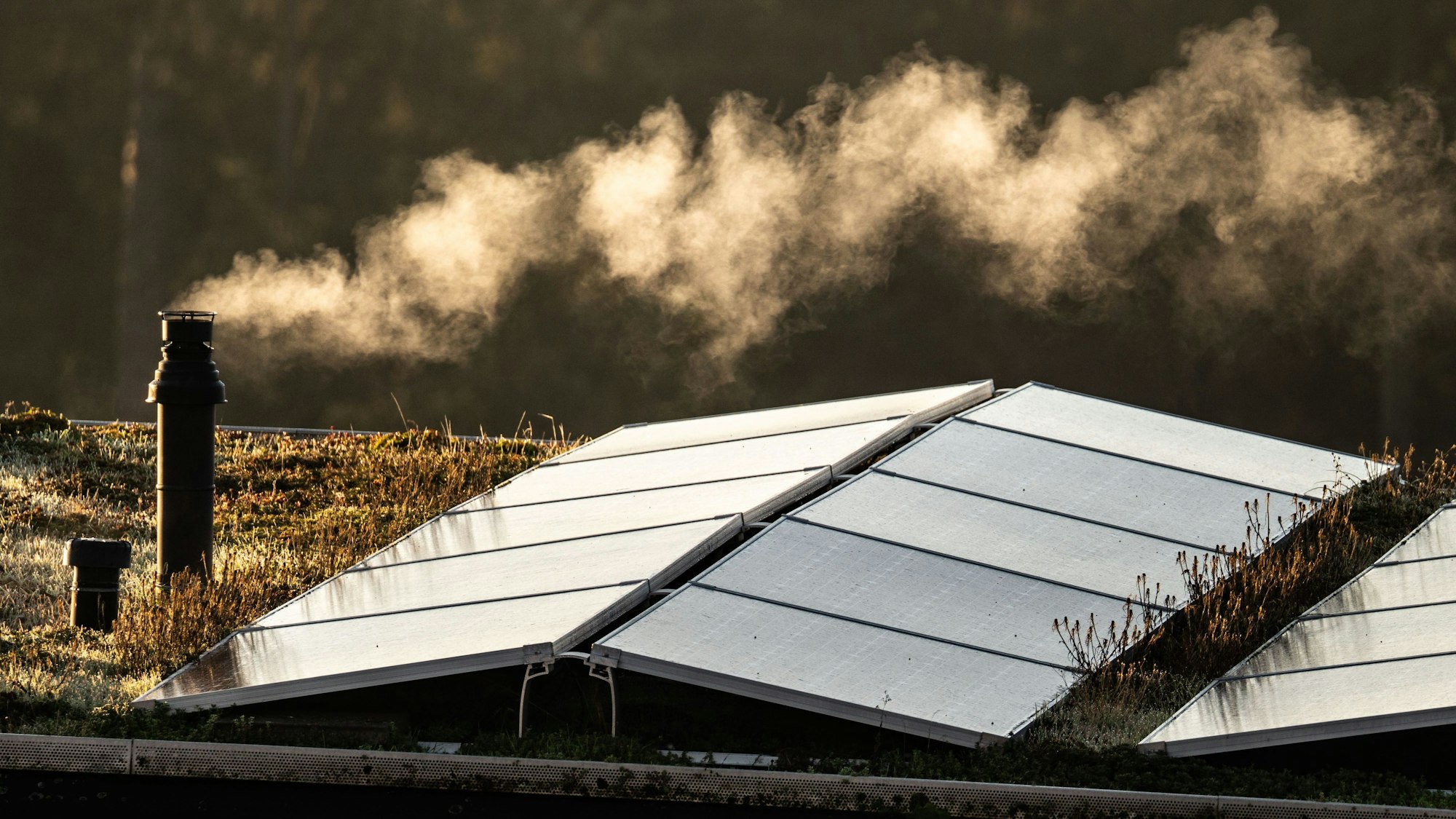 Der Schornstein einer Gastherme für die Heizung und die Warmwasserbereitung dampft am frühen Morgen auf dem Flachdach eines Reihenhauses, auf dem auch eine Solaranlage installiert ist.