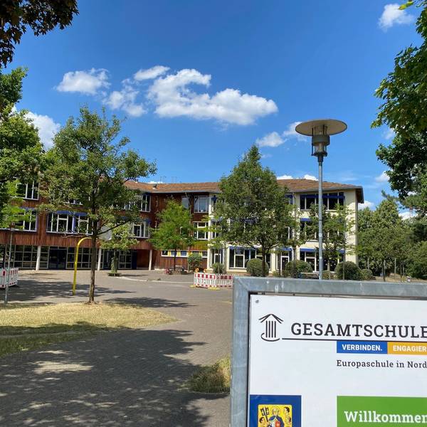 Das Foto zeigt die bestehende, von Bäumen umstandene Brühler Gesamtschule.