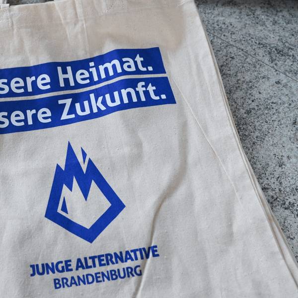 ARCHIV - 20.03.2021, Brandenburg, Frankfurt (Oder): Tragetaschen mit dem Aufdruck „Unsere Heimat. Unsere Zukunft“.