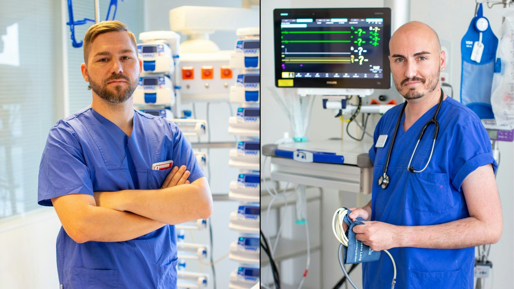 Zwei Pflegekräfte stehen vor Geräten auf der Intensivstation