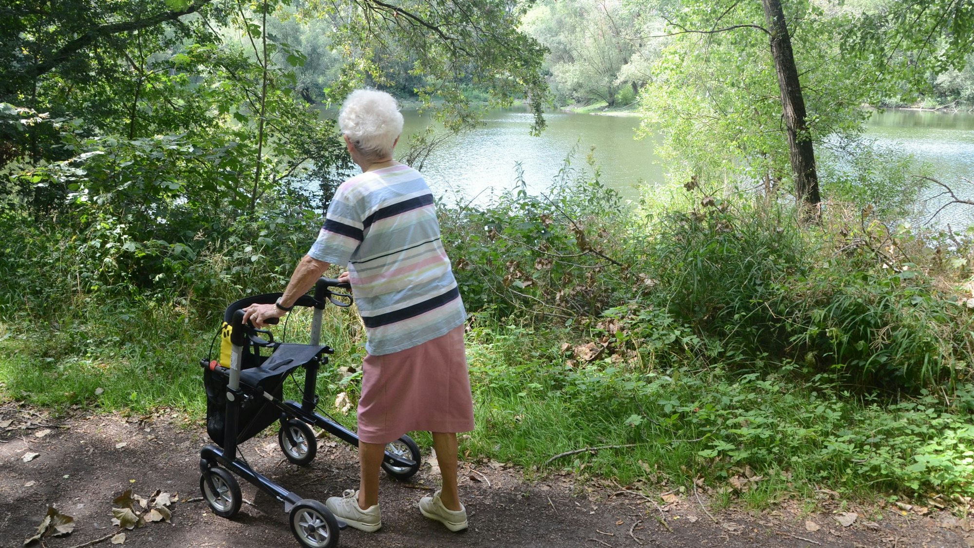 Eine Frau mit Rollator steht auf einem Waldweg. Sie trägt einen rosa Rock ein gestreiftes T-Shirt. Sie schaut auf einen See.