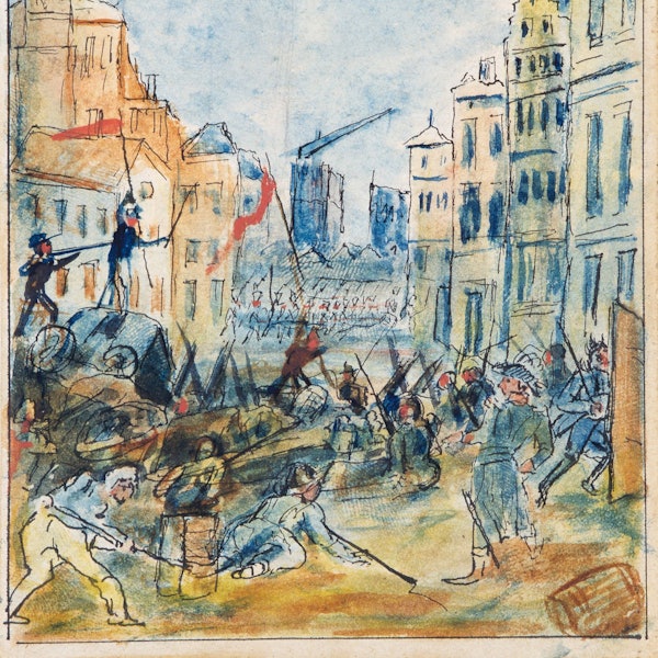 Die Barrikade am Altermarkt, 1848. Aquarellzeichnung von Wilhelm Kleinenbroich im Kölnischen Stadtmuseum.