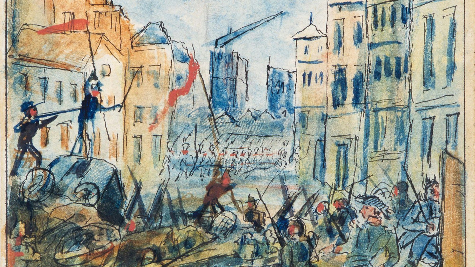 Die Barrikade am Altermarkt, 1848. Aquarellzeichnung von Wilhelm Kleinenbroich im Kölnischen Stadtmuseum.