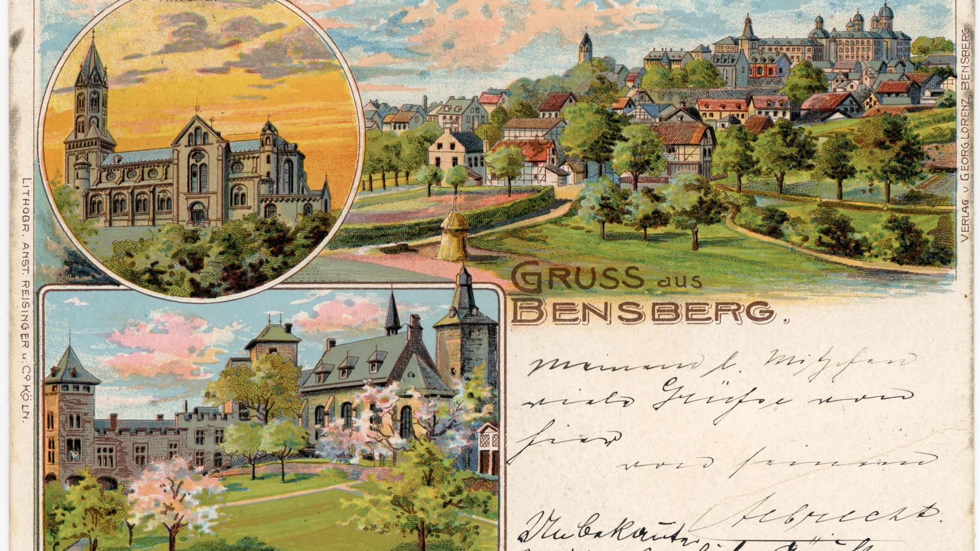 Historische Karte: Sicht auf das historische Bensberg mit Schloss und Kirche St. Nikolaus, Lithografie um 1900