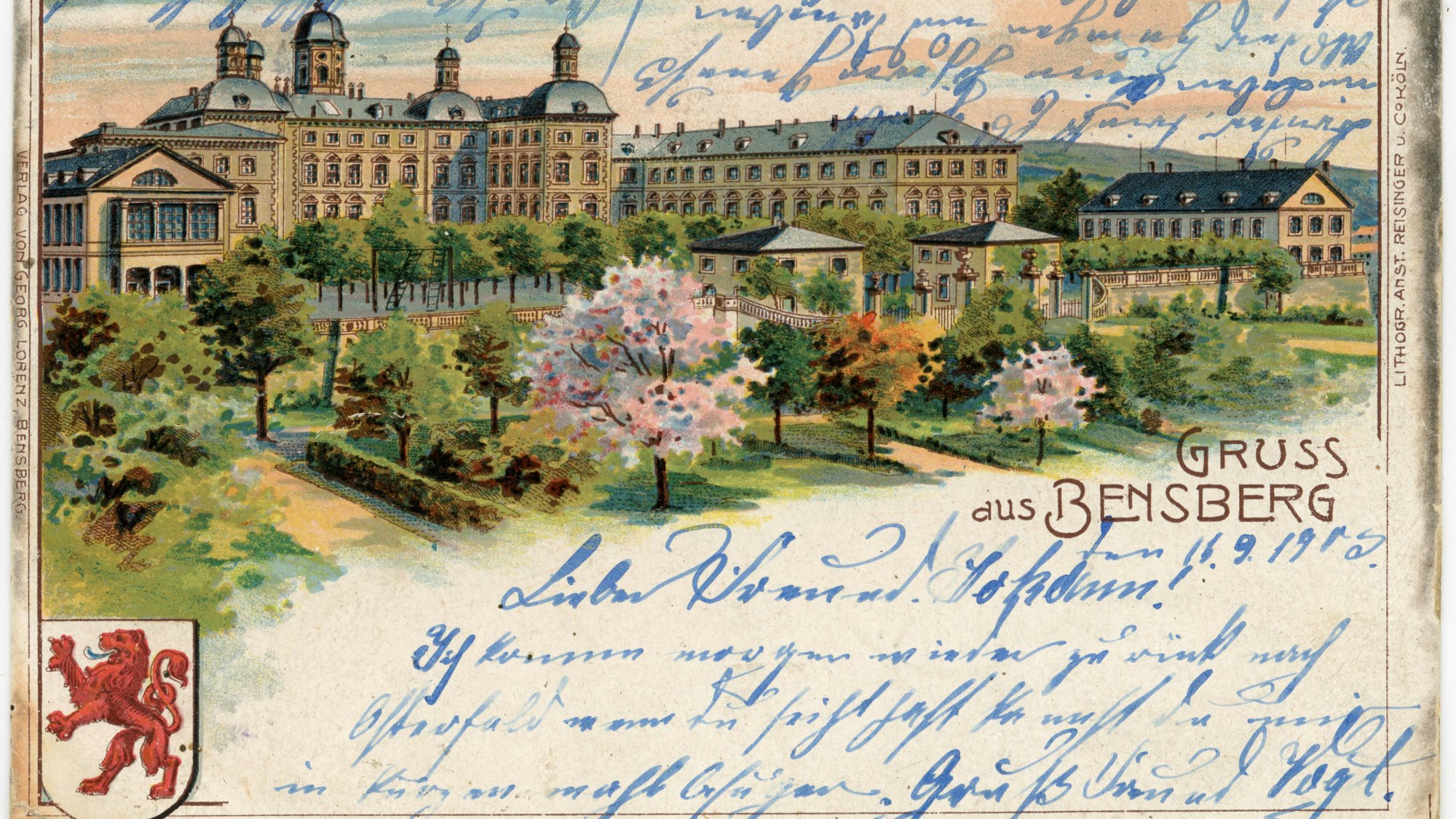 Eine historische Ansichtskarte vom Schloss Bensberg um das Jahr 1900. Damals wurde es noch militärisch als Kadettenhaus genutzt.