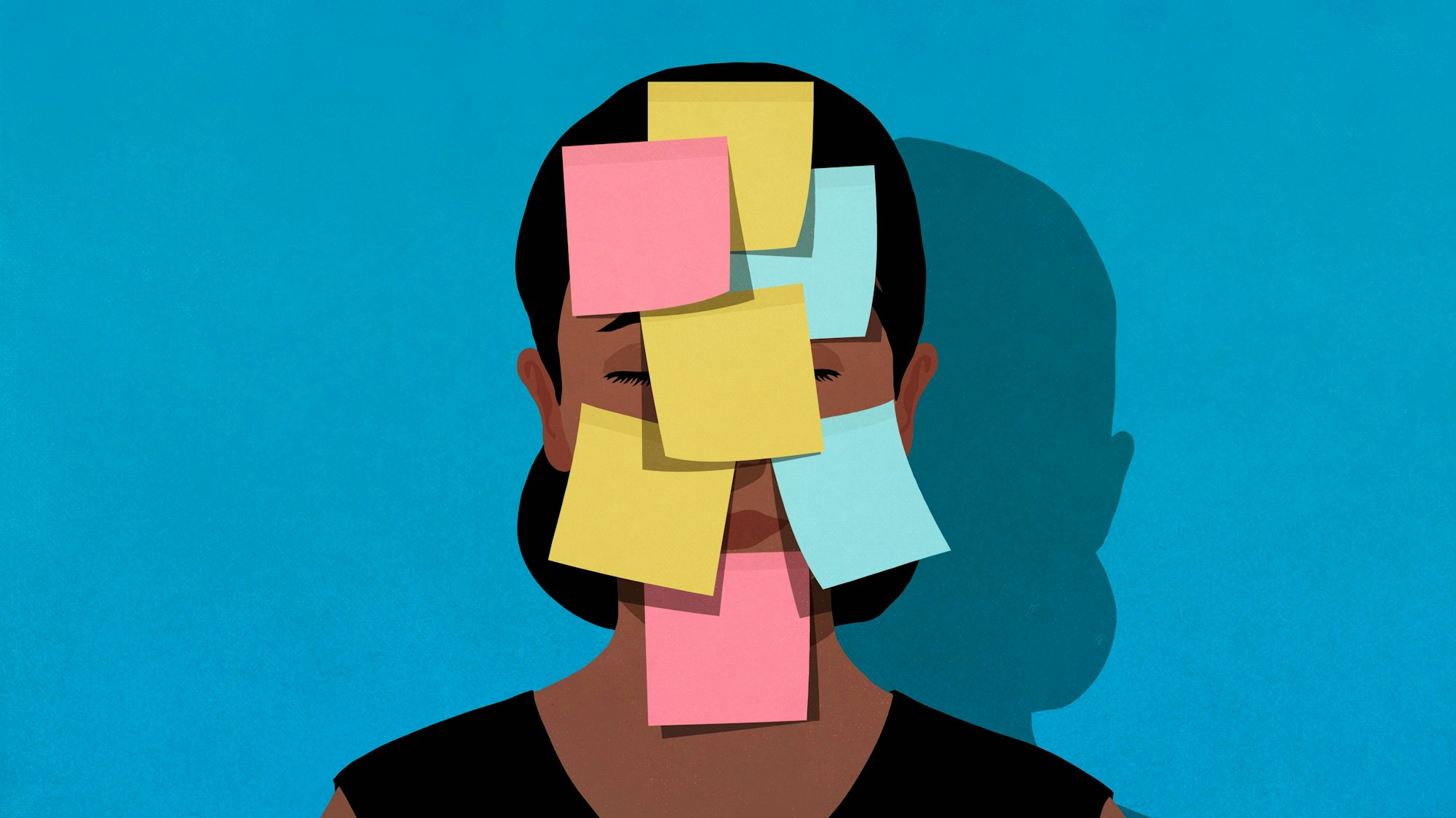 Illustration einer Frau, auf deren Gesicht sieben Notizzettel kleben
