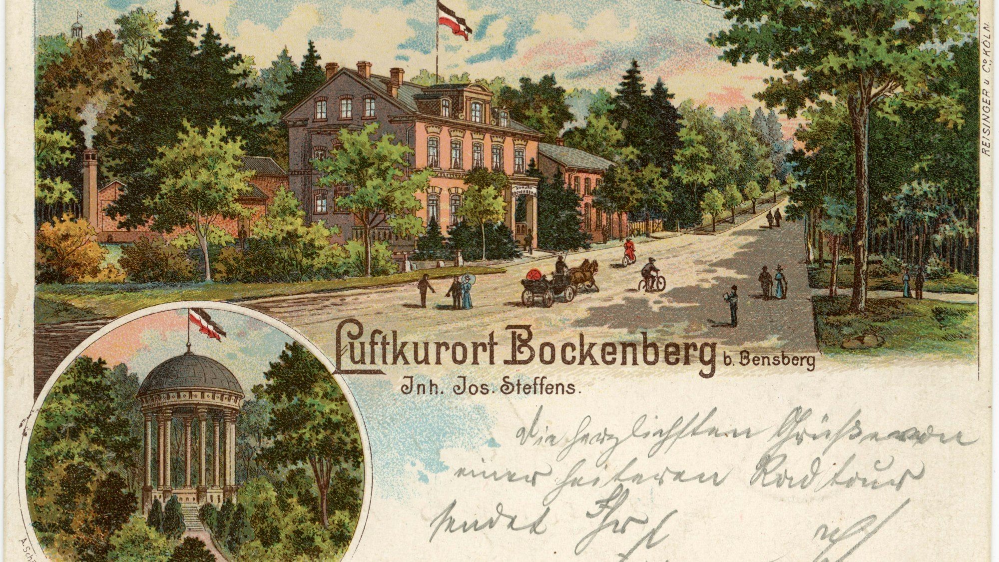 Historische Ansichtskarte vom Luftkurort Bockenberg mit dem Pavillon Emilienhöhe in Bensberg, um das Jahr 1900