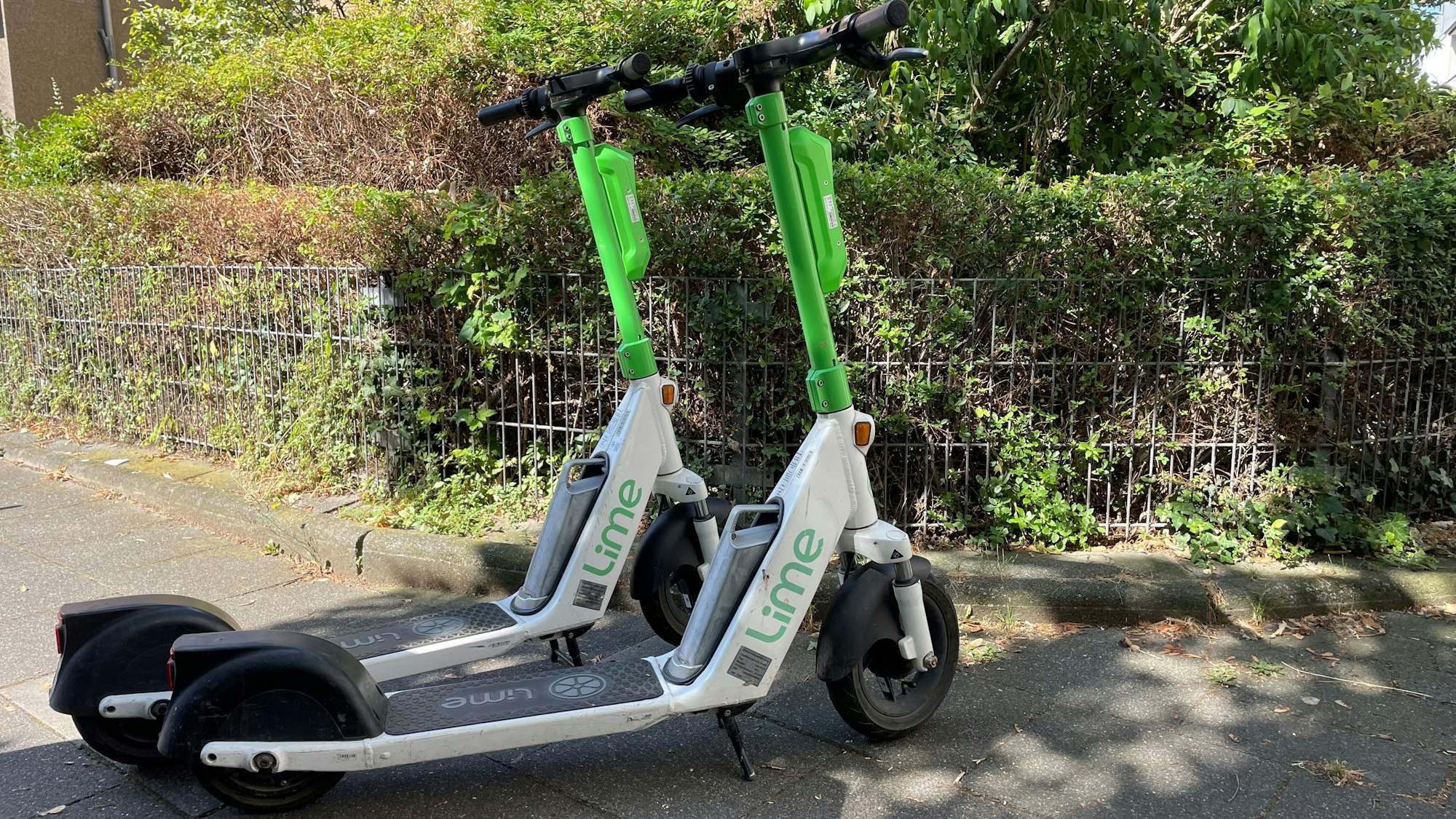 Zwei E-Scooter stehen vor einer Hecke auf dem Bürgersteig.