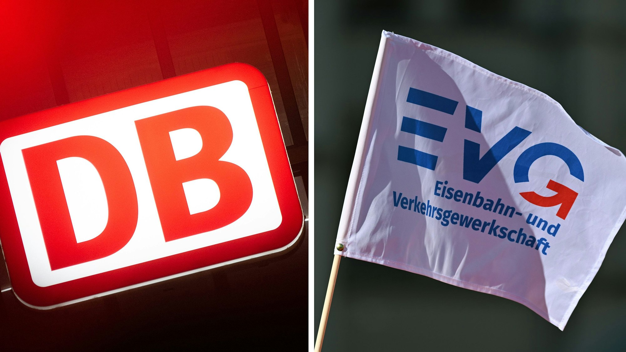 Das Logo der Deutschen Bahn (l) und eine Fahne der Gewerkschaft EVG (Kombo).