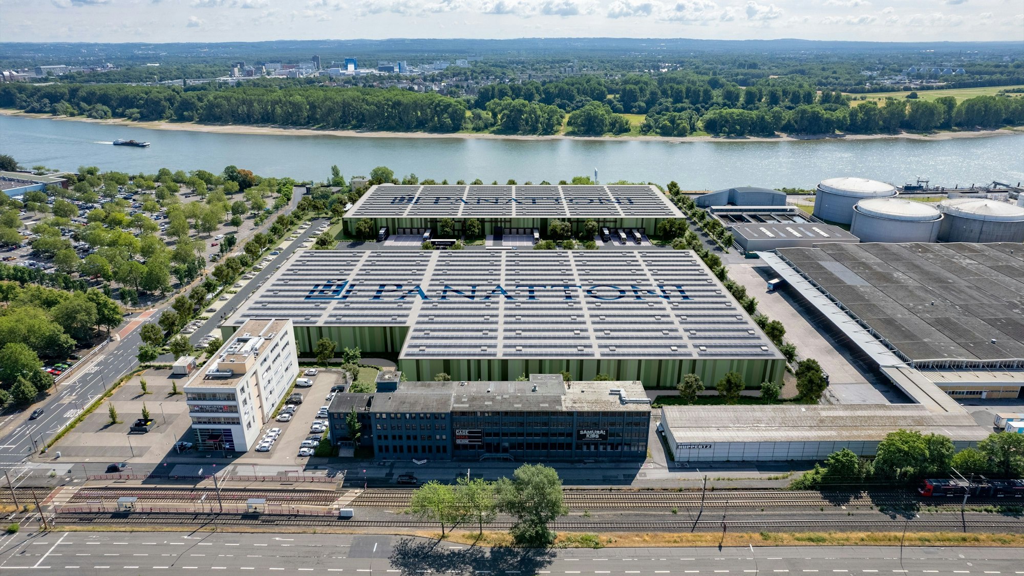 Diese Visualisierung zeigt den von Panattoni geplanten neuen Industrie- und Logistikpark am Niehler Rheinufer.
