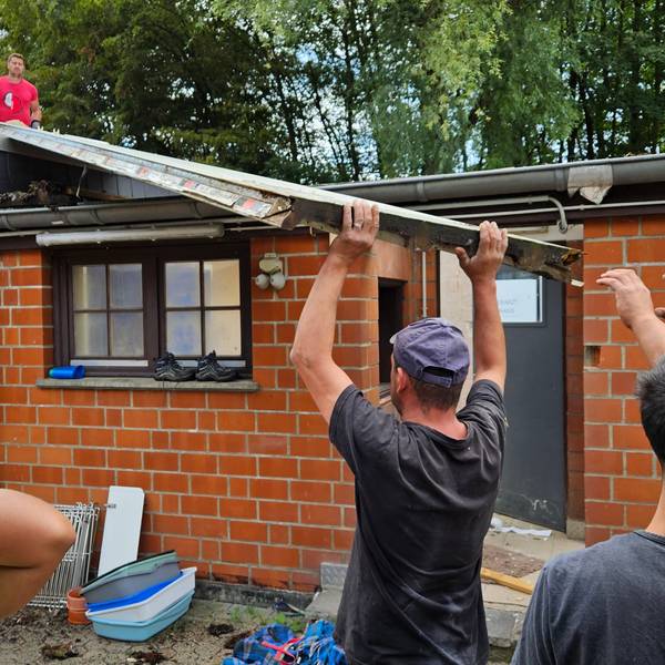 Männer heben ein altes Dach von einer Baracke. Das Tierheim in Niederaußem erhält Neubauten. Die alten Baracken werden abgerissen.