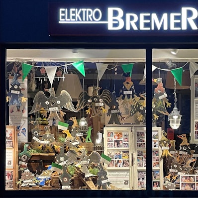 Schaufenster von Elektro Bremer in Lindlar mit einer Ausstellung historischer Schützenvögel.