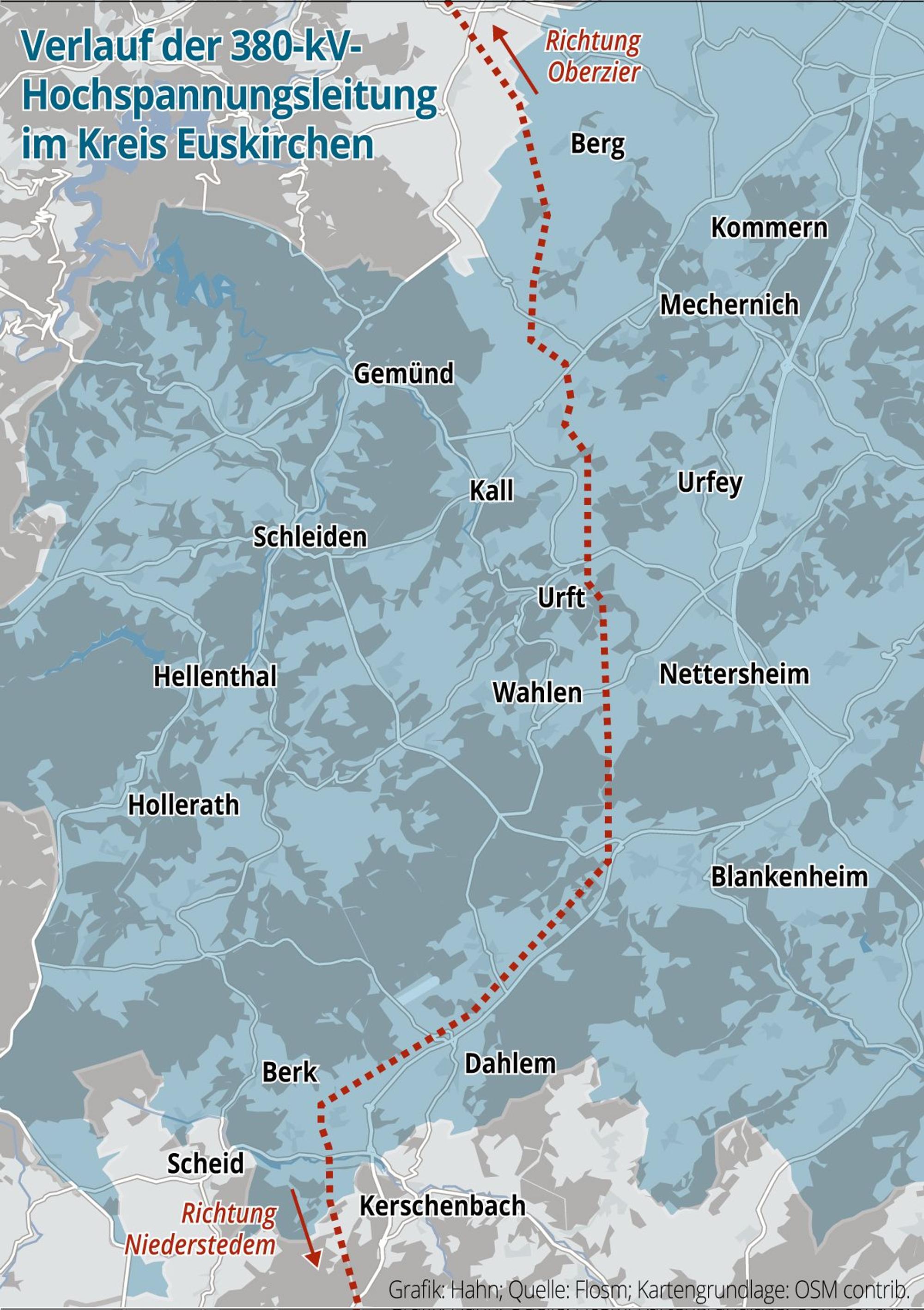 Die Grafik zeigt den Verlauf der 380.000-Volt-Leitung durch den Kreis Euskirchen.